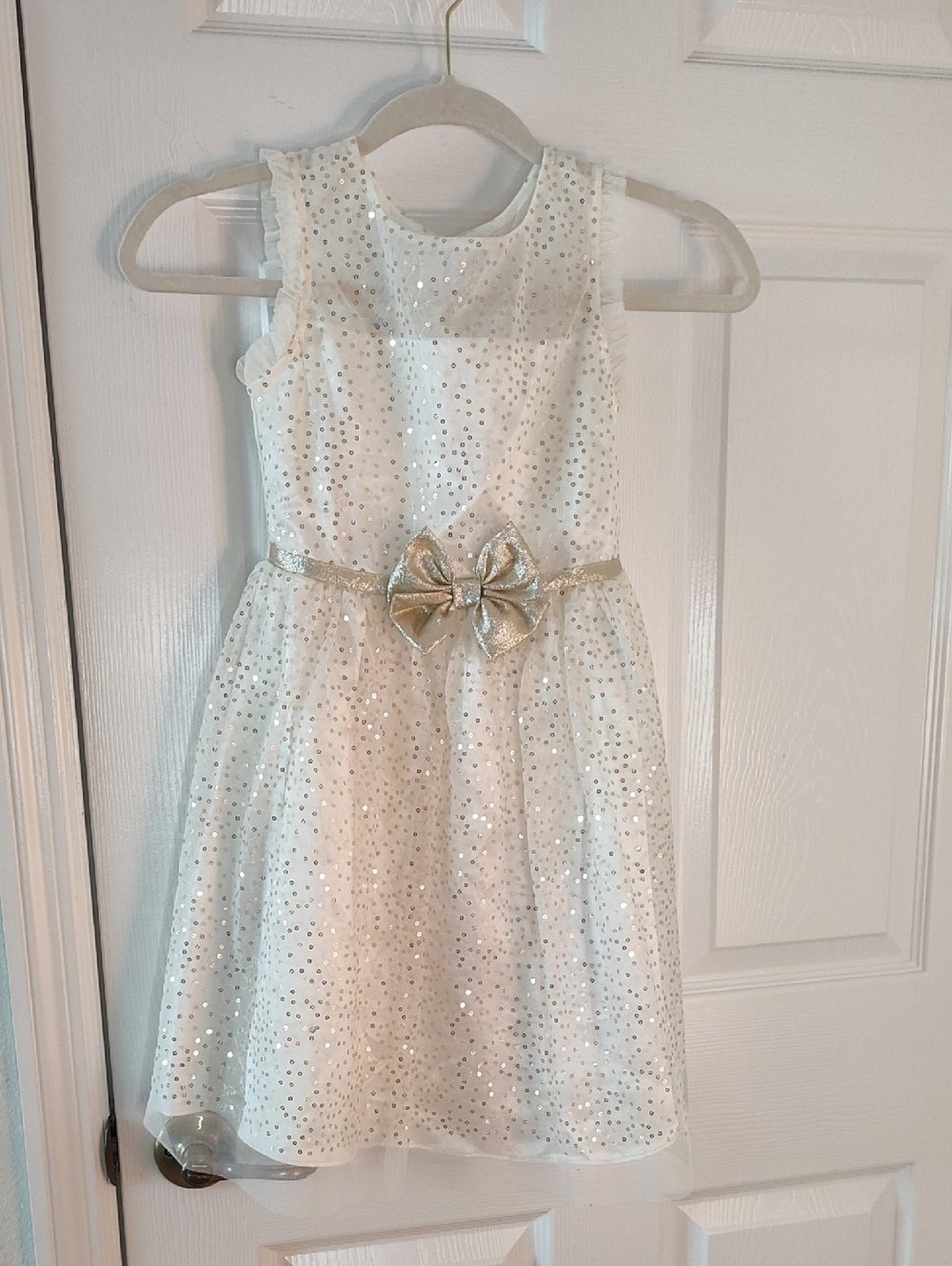 Jona Michelle Ivory Dress with Gold Bow and Sequin Overlay